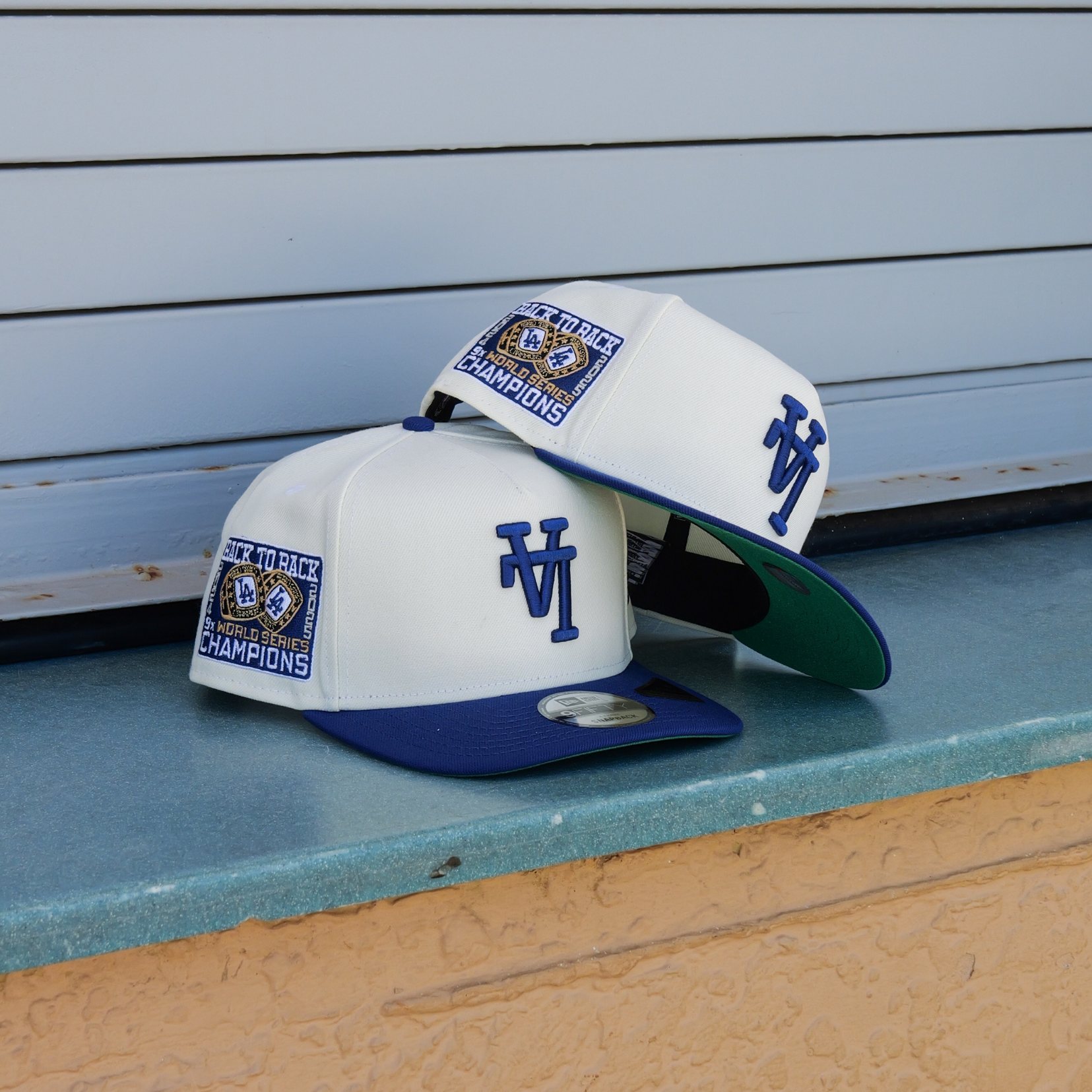 New Era LA Dodgers 24/25 Back To Back Champs 9FIFTY A-Frame Snapback-(Cream/Blue) - New Era