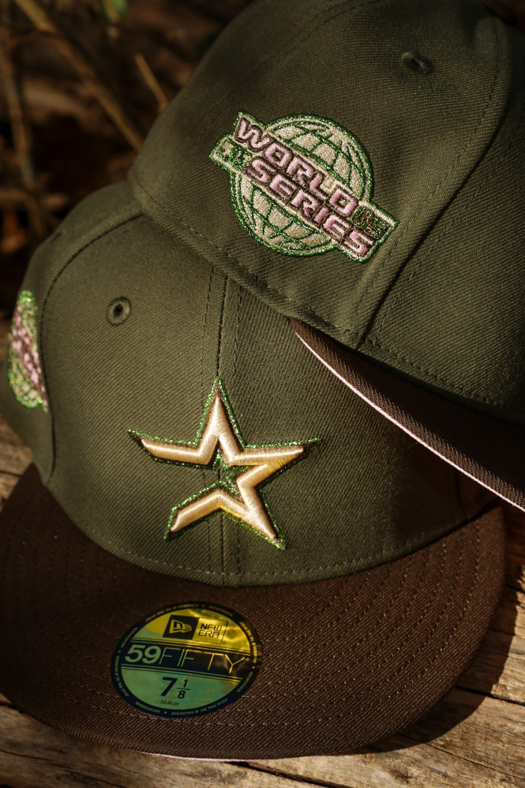 New Era Houston Astros 2005 World Series Side Patch Pink UV 59Fifty Fitted (Olive/Walnut)