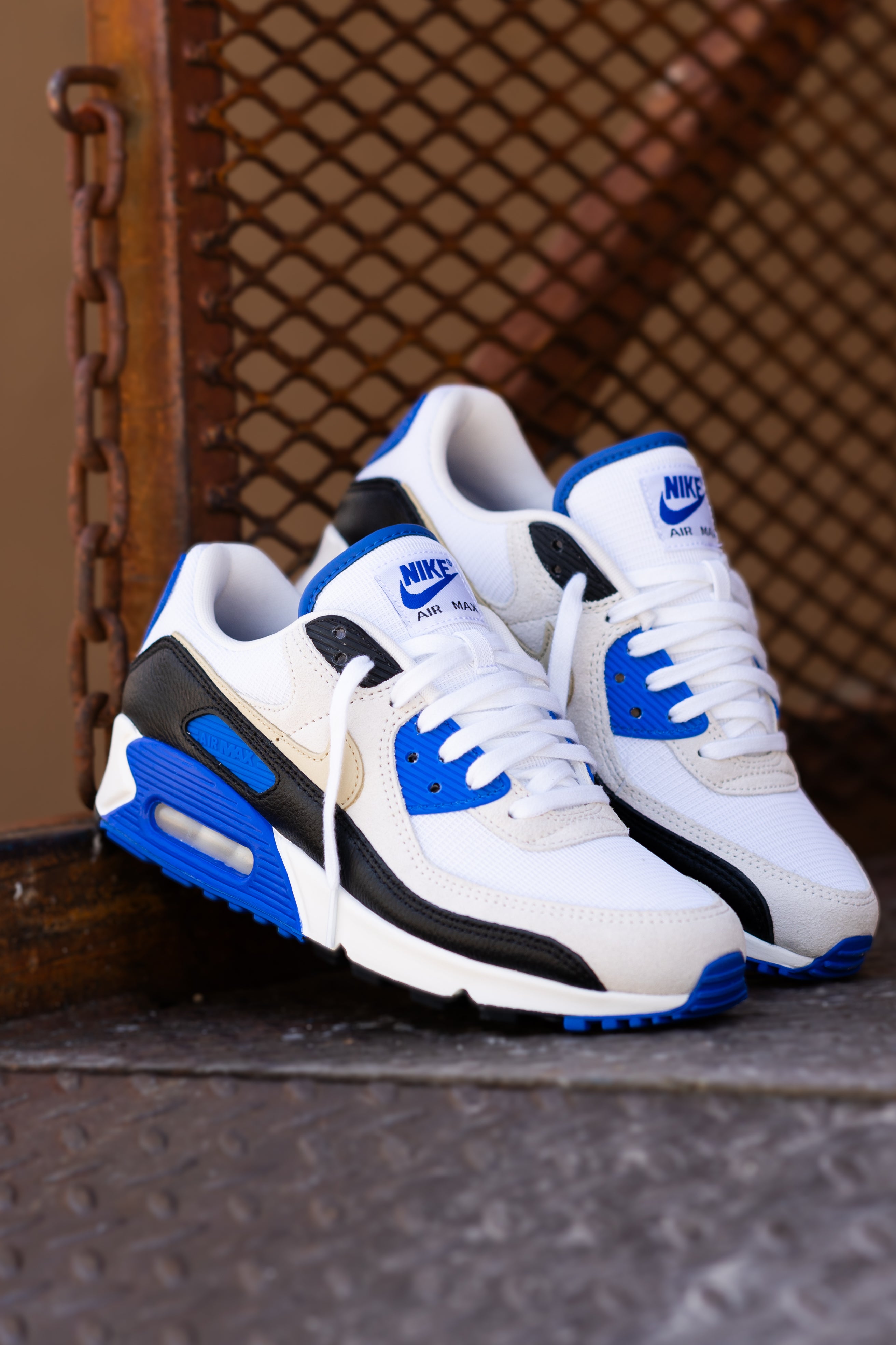 Mens Nike Air Max 90 Premium (White/Khaki/Racer Blue/Black)