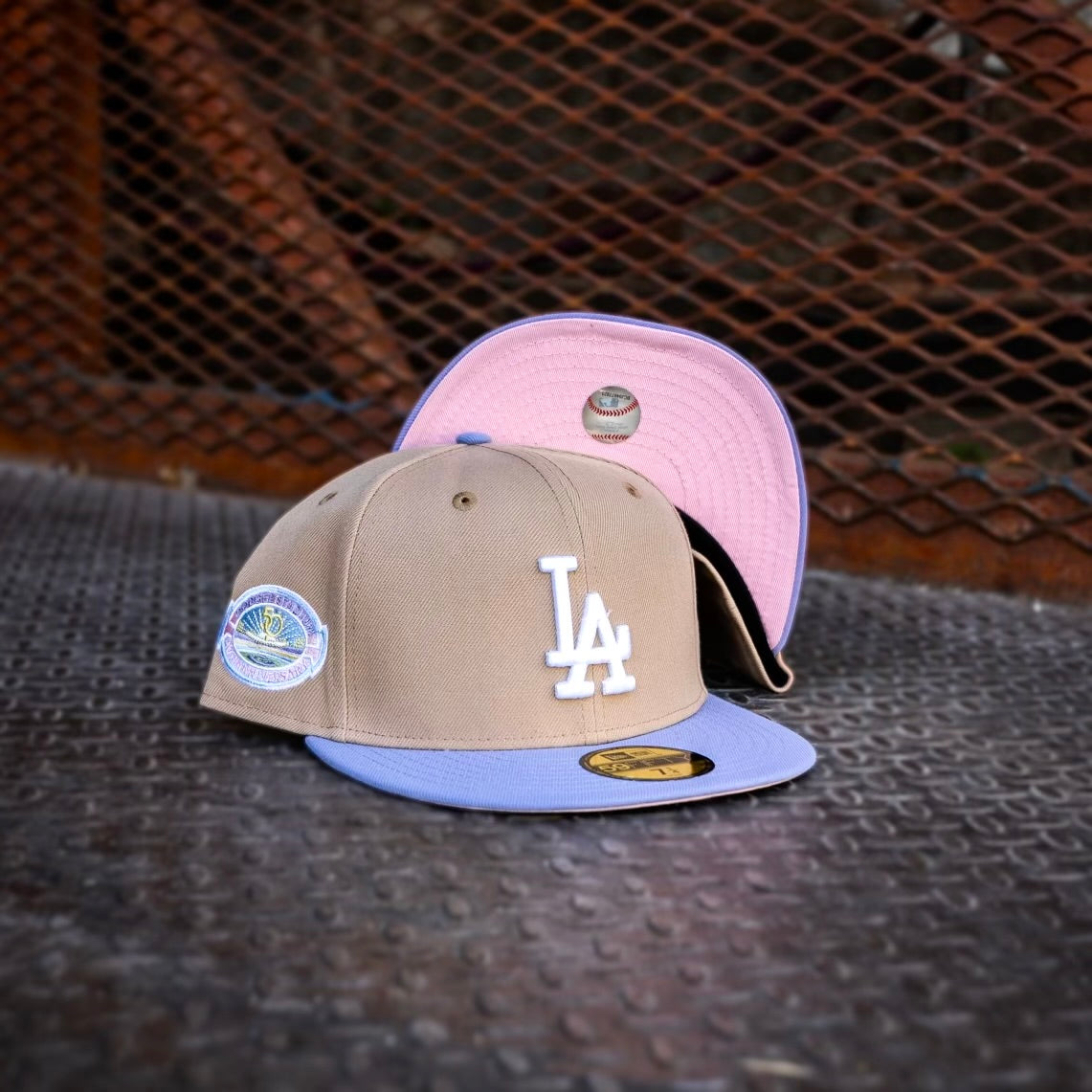 New Era Los Angeles Dodgers Stadium 50th Anniversary Pink UV (Camel/Lavender) 59Fifty Fitted