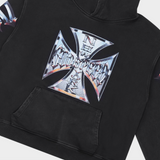 Black hoodie with a metallic cross design on a black background