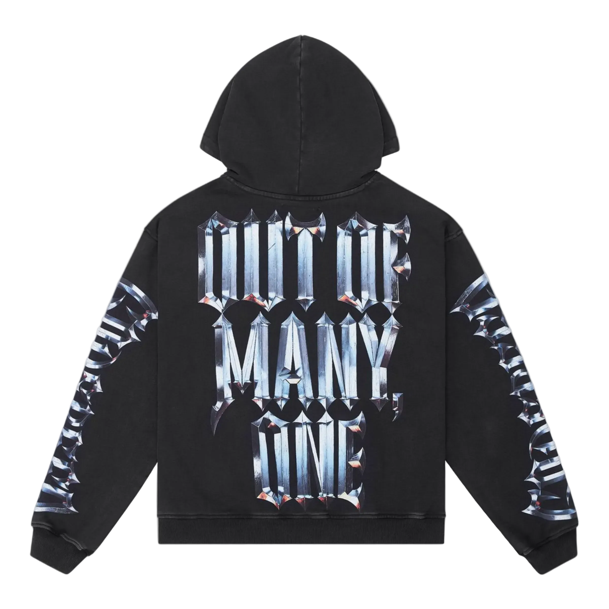 Black hoodie with reflective text design on a black wash background