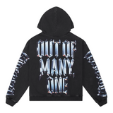 Black hoodie with reflective text design on a black wash background