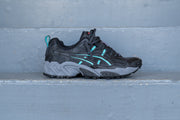 black asics with teal and grey accents on a set of stairs