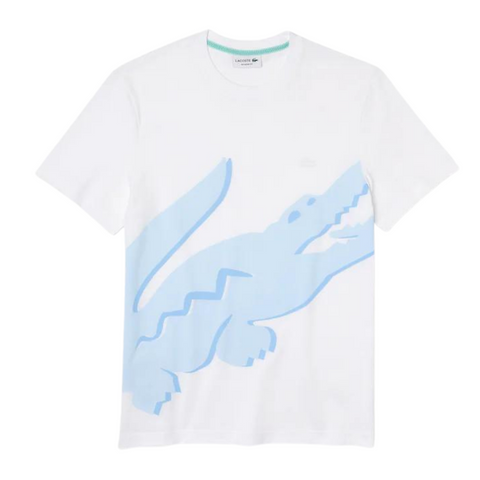 Lacoste Men's Crocodile Print Crew Neck Stretch Organic Cotton T-Shirt (White/Light Blue) - Lacoste